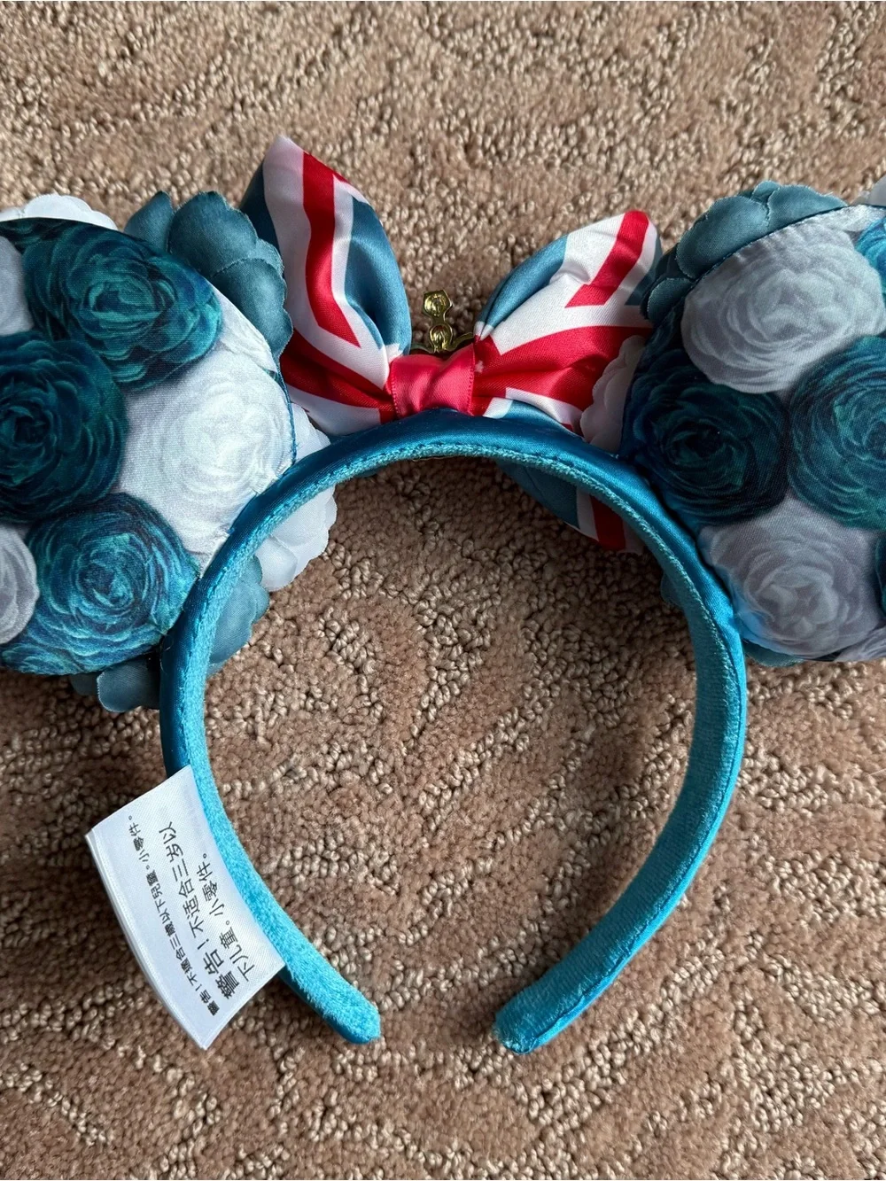 Disney Epcot British Teal Floral Headband Ears w/ Union Jack Bow and Gold Crown
